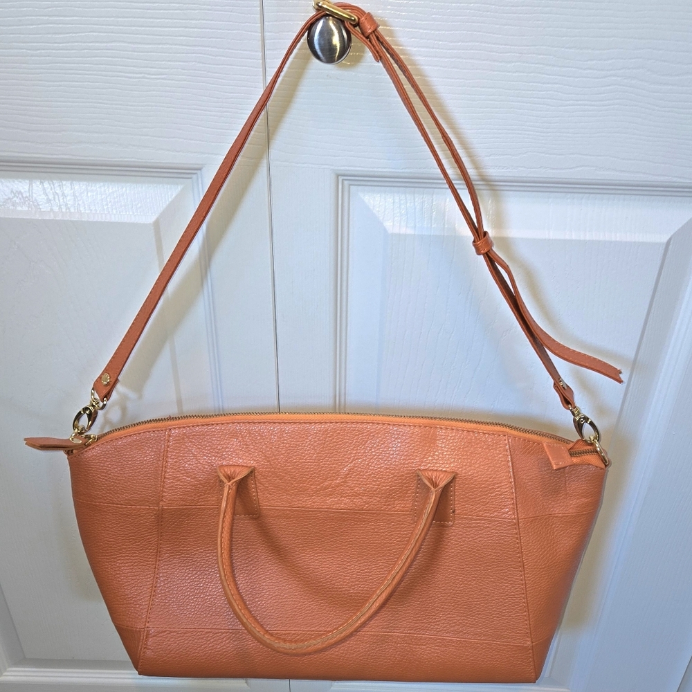 Elegant Orange Genuine Leather Tote Bag With Black & White Pin-Stripe Interior